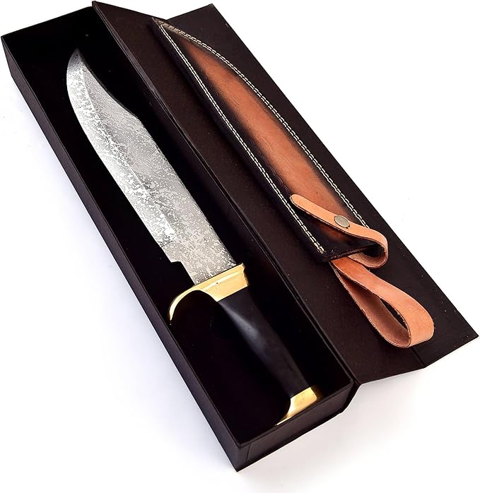 15.5 Long D-2 steel Hunting Bowie Knife Natural Rose wood scale with Brass finger guard &amp Pommel Over 10 sharp D-2 solid steel blade with blood groove Cow Hide Leather sheath with belt loop