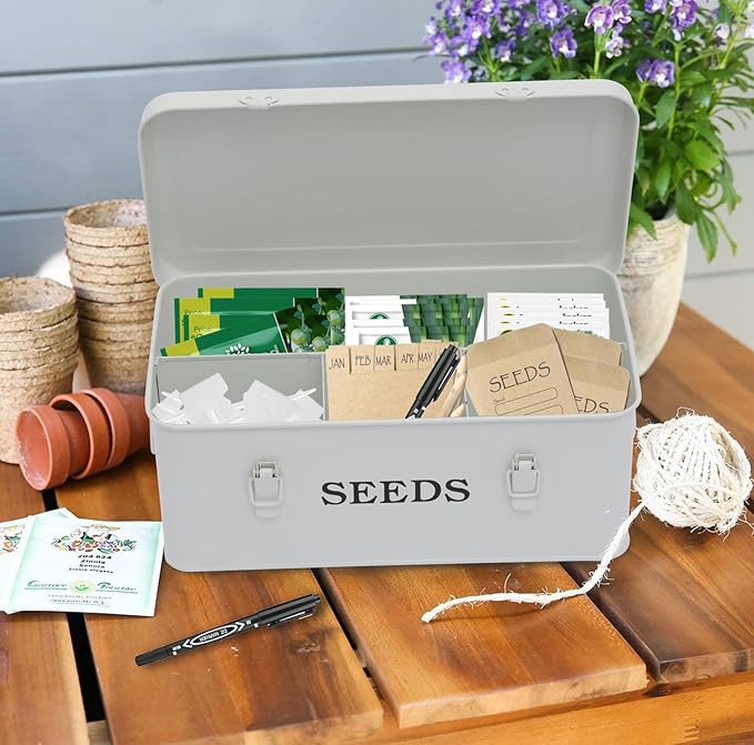 Seed Storage Organizer 4 Compartment Seed Storage Box with Safety Lock Metal Seed Box Container with 2 Pens 20 Plant Labels and 50 Seed Envelopes for Seed Packet &amp Small Garden Tool White