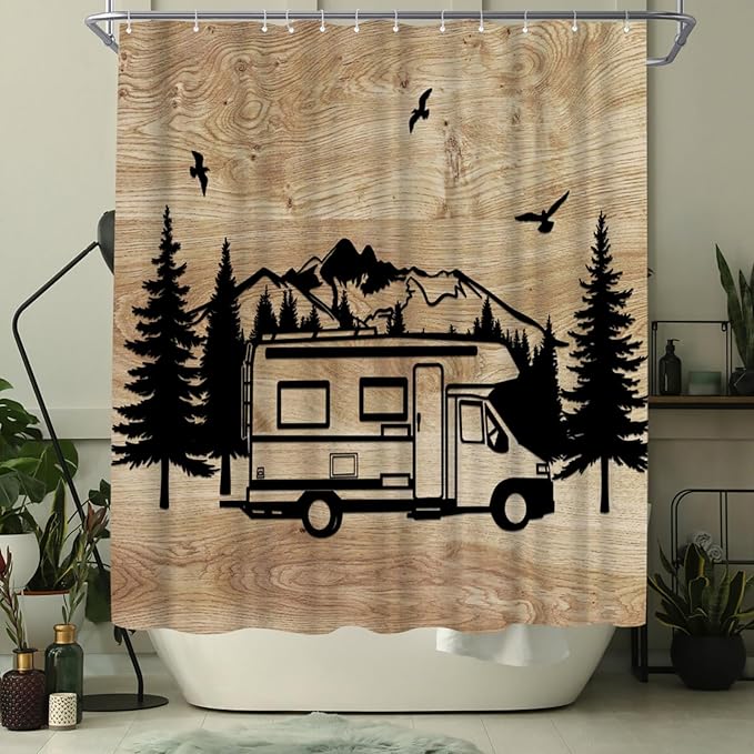 WELMECO Mountain Forest Camping Theme Shower Curtain Rustic Farmhouse Cabin Bathroom Decor Polyester Fabric 72x72 inch with Hooks