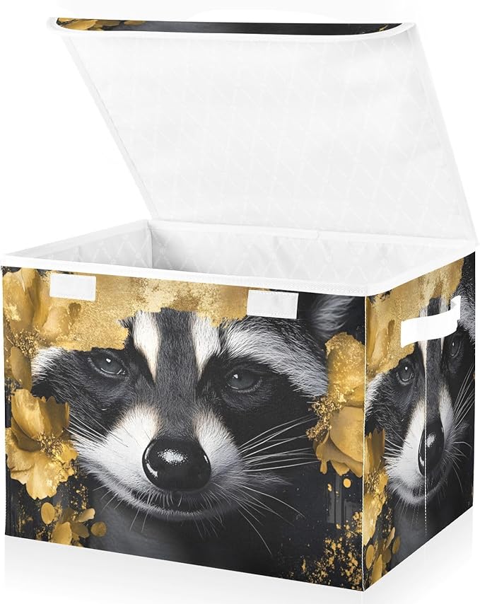 AIXIWAWA Lidded Storage Cube (Gold Floral Raccoon) Fabric Foldable Closet Bins with Flip Lid and Handles Organizer Basket Container 16.5 x 12.6 x 11.8 IN