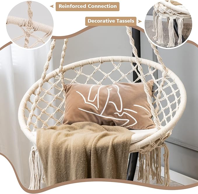 Giantex Hammock Chair Macrame Swing - Hanging Chair with Cushion and Hardware Kit 330 LBS Weight Capacity Indoor Swing for Hammock Stand Patio Balcony Living Room Hammock Swing (Beige)