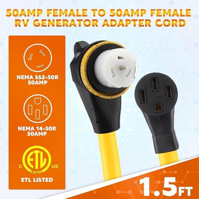 Kanayu 1.5 ft NEMA SS2-50R to 14-50R 50amp RV Generator Adapter Cord Locking SS2-50R Female to 14-50R Female Adapter Cord with Upgraded Grip Handle 6/3C+8/1C AWG for 50A RV and EV
