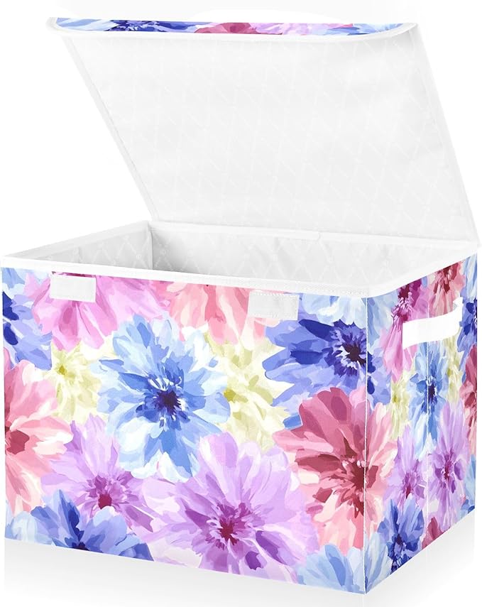 Storage Cube with Lid Flower Blue Red Print 16.5×12.6×11.8 IN 1 Pack Collapsible Large Capacity Foldable Storage Basket Bin Organizer