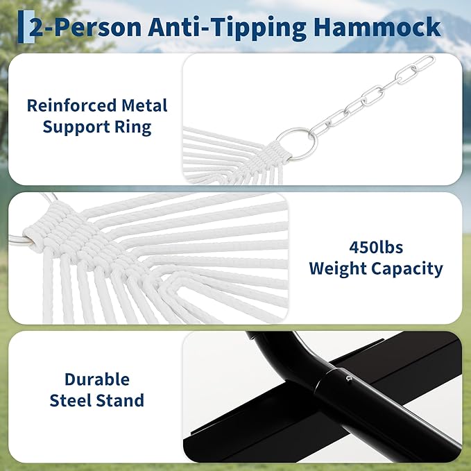 2 Person Double Hammock with Adjustable Steel Stand &amp Pillow Heavy Duty Portable Outdoor Hammock Set MAX 450 LBS Weight Capacity for Patio Garden Beach Backyard