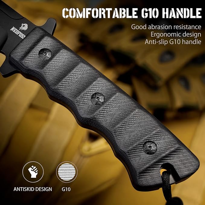 NedFoss BLACK PHOENIX Hunting Knife with Holster 5.5 8Cr14Mov Survival Fixed Blade Knife G10 Handle Bushcraft &amp Camping Gifts for Men