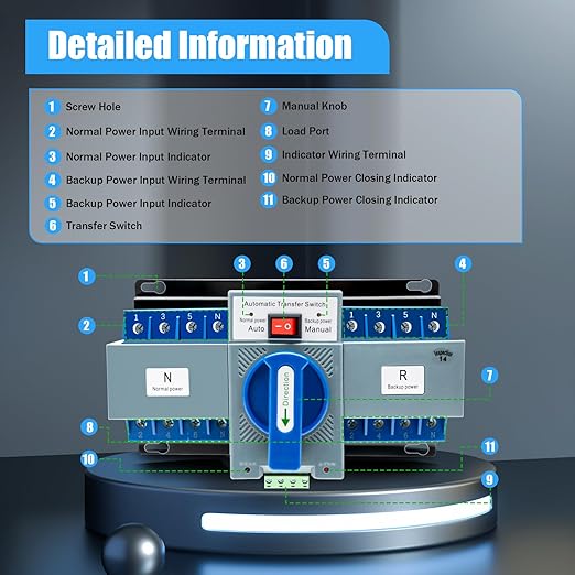 Dual Power Automatic Transfer Switch 63A 2P/4P 110V Generator Changeover Switch Tool Electronic Power Circuit Breaker Controller 50HZ/60HZ (4P/63A Blue)