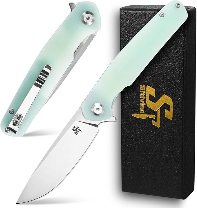 Sitivien ST102 Folding Knife D2 Steel Blade+G10 Handle Pocket Knife EDC Tool Knife for Outdoor Camping Hunting Survival (Turquoise) …