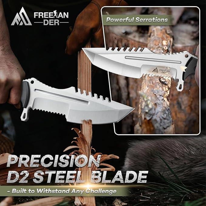 Freelander Fixed Blade Knife D2 Steel Full Tang Survival Knife with Kydex Sheath Outdoor Bushcraft Knives with Ergonomic Handle Camping Survival Knives for Men Plain &amp Serrated Edge