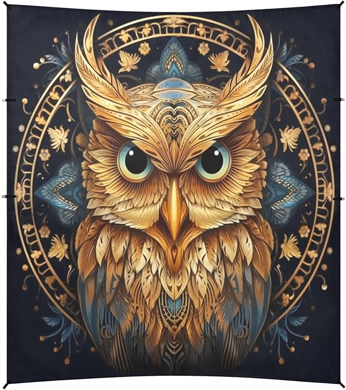 ALAZA Gold Owl Print Boho Beach Tent Sun Shelter UPF50+ Protection Beach Shade Canopy w/ 4 Sandbags for Outdoor Camping Fishing Backyard Fun Picnic 10x9 ft