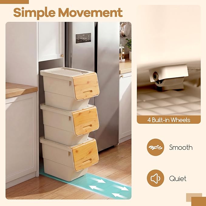Giantex Plastic Stackable Storage Bins with Lids &amp Wheels 6 Pack Open Front Stacking Bins Organizer Bins for Pantry Kitchen Laundry Closet Playroom Bedroom Organization （12.5 QT）