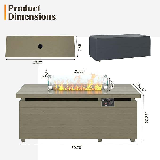 Sundale Outdoor 51 Inch Outdoor Fire Pit Table 50000BTU Rectangle Propane Fire Pit with Sliding Tank Holder Glass Wind Guard Dust Cover Removable Lid CSA Certified Olive Green