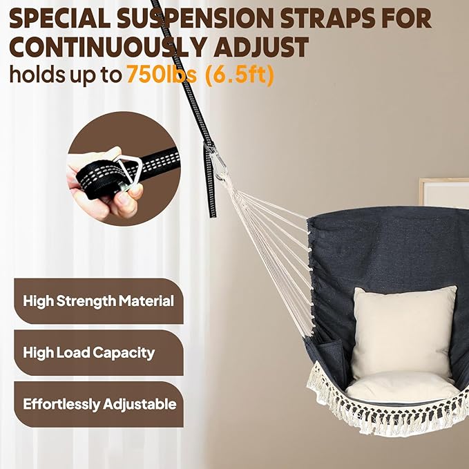 Chihee Hammock Chair Hanging Swing 2 Pillows IncludedStrong Webbing Straps and Hooks for Easy Hanging Soft Cotton Hanging Chair Side Pocket Tassel Chair Comfort Indoor Outdoor Dark Grey