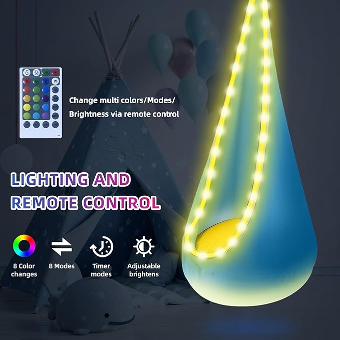Light Up Swing Chair Hammock Chair Indoor Outdoor for Kids Pod with LED Lights Soft and Safe 176 lb. Load Capacity Easy Installation Perfect for Bedroom Garden and Playroom (Light Blue)