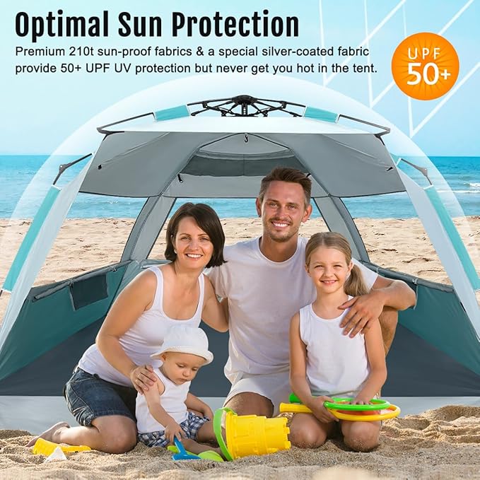 WhiteFang Deluxe Pop Up Beach Tent Sun Shade Shelter for 3-4/5-6 Person UV Protection Extendable Floor with 3 Ventilating Windows Plus Carrying Bag Stakes and Guy Lines