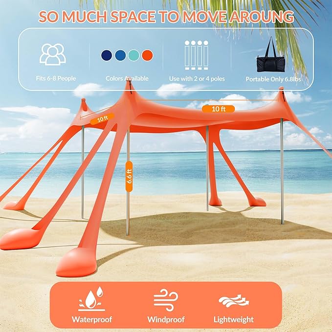 Gardentime Beach Tent Canopy with 8 Sandbags 4 Aluminum Poles Pop Up Portable Camping Sun Shelter Easy Set Up with 2 Sand Shovel Ground Pegs Carrying Bag for Outdoor BeachPicnic Fishing