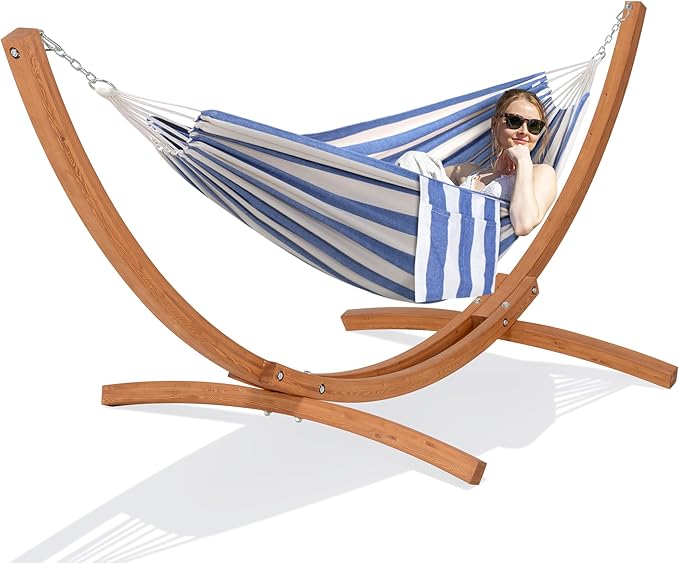SUNCREAT Hammocks for Outside with Stand Porch Hammock and Stand 475 lbs Capacity Blue &amp White