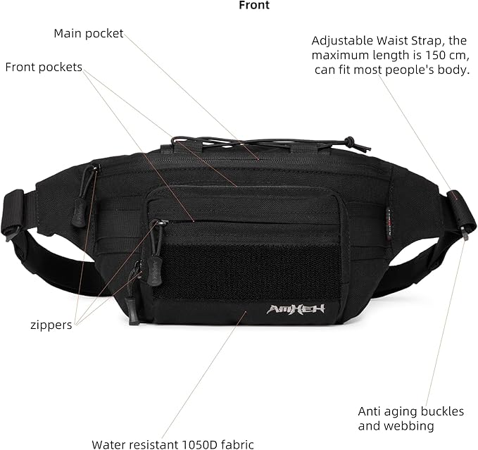 AMHEH 3.5L Tactical Fanny Pack for Men - 1050D Crossbody Waist Bag for Everyday Carry and Light Hiking Fits 28 - 50 Waists (Black)