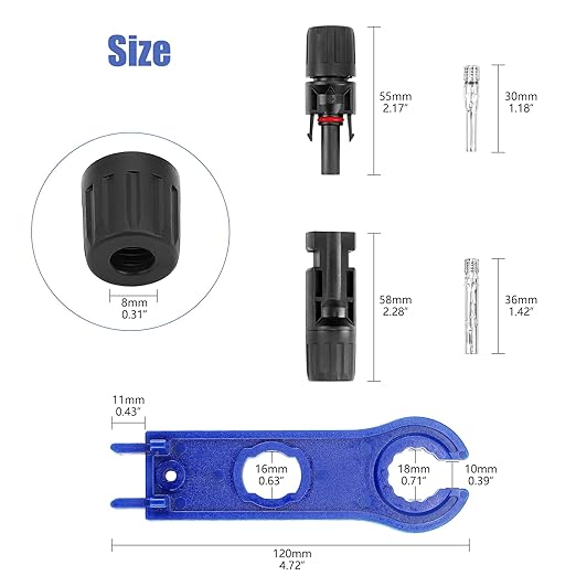 50PCS Solar Connectors 25 Pairs with 2 Pack Wrenches - IP67 Waterproof 1000V 30A Male/Female Multi-Contact 4 Connectors for 2.5/4/6mm Solar Panels