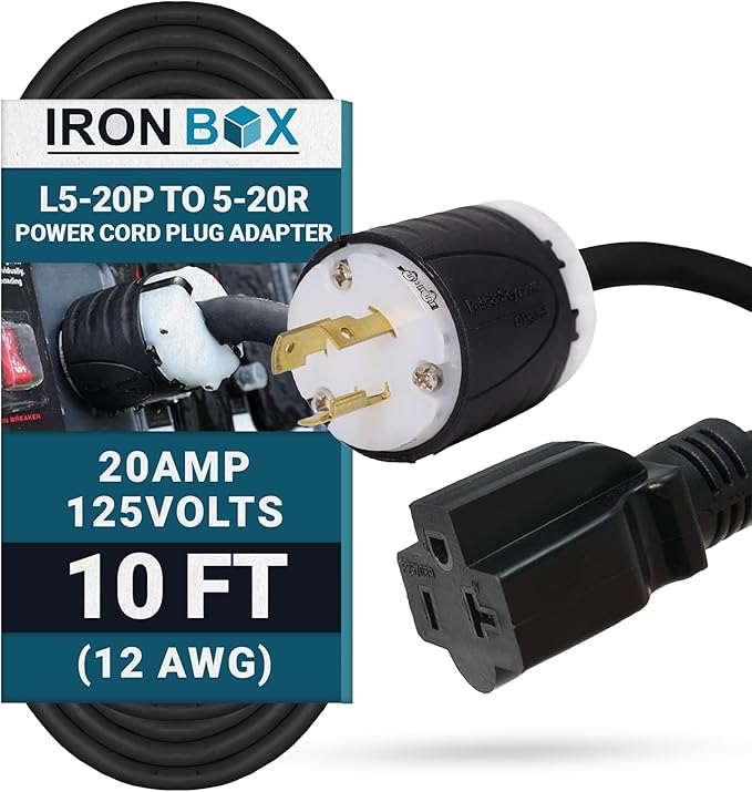 IronBox Electric NEMA L5-20P to 5-20R Power Cord Plug Adapter - 20A 125V12 AWG - UL Listed Heavy Duty Adapter Cable for Generator Data Centers Computers Outdoor Events &amp More (Custom Built 1