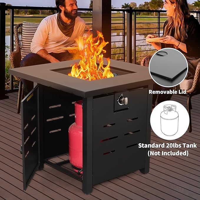 Outdoor Propane Fire Pit 28 Inch Patio Firepit Table with Fire Glass for Outside Parties and Gatherings on Garden Backyard Porch