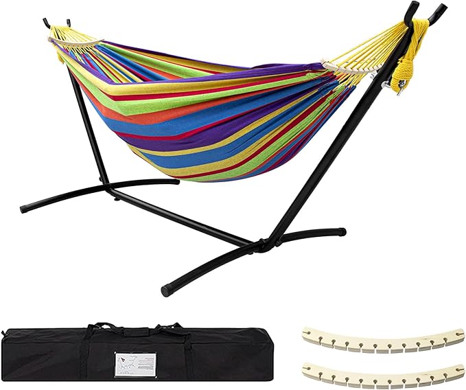 SZHLUX Double Hammock with Stand for Outside 450lb Capacity Steel Stand Premium Carry Bag Included and Two Anti Roll Balance Beam