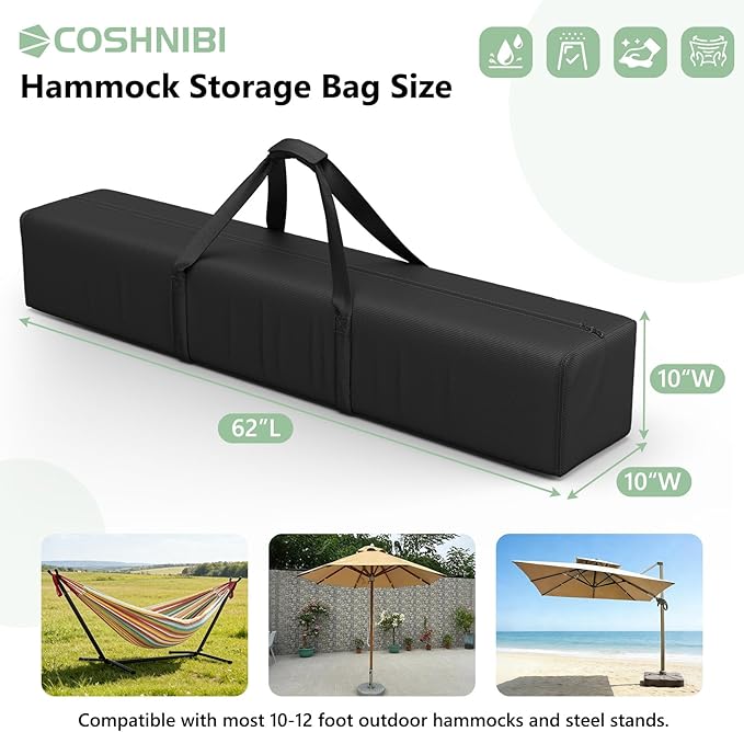 COSHNIBI Hammock Storage BagWaterproof Heavy Duty Hammock Cover Portable Hammocks Stand Carrying Bag with Zipper Closure- 62''L x 10''W x 10''HBlack