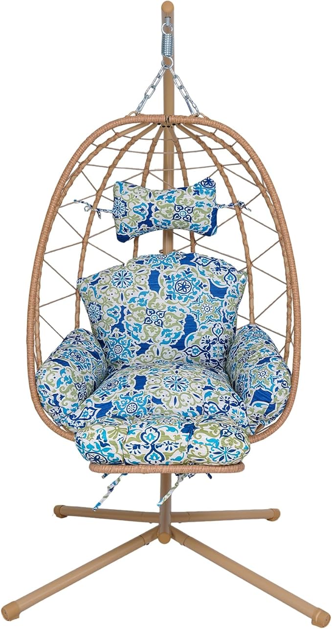 Hanging Egg Chair with Stand Outdoor Indoor Patio Rattan Swing Hammock Chairs with Washable Cushion PE Wicker Swing Chair for Backyard Bedroom Garden (Yellow + Floral Cushion with Footrest)