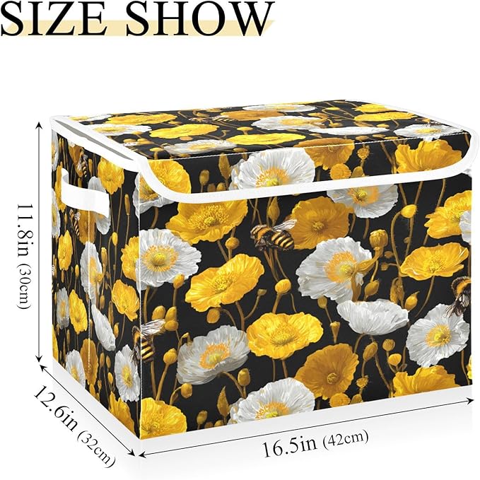Storage Bins With Lid Stackable Fabric Closet Organizer Clothing Storage Large Boxes For Closet Shelves Bedroom Black Bees and Poppies