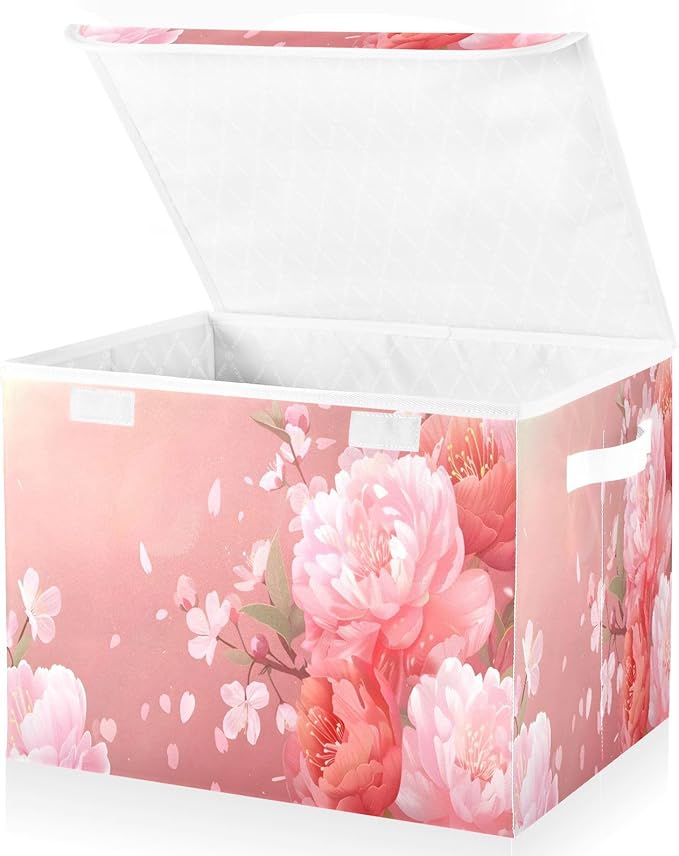 MNSRUU Containers Baskets with Lids Pink Flowers Foldable Storage Bins Organizer with Lid Collapsible Storage Boxes for Home Bedroom Closet Office