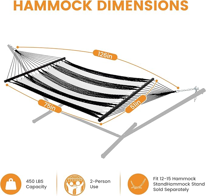 Lazy Daze Hammocks 10.5 FT Double 2 Person Caribbean Rope Hammock Hand Woven Polyester Hammock with Spreader Bars for Outside Outdoor Backyard Patio Poolside 450 LBS Capacity Black/White