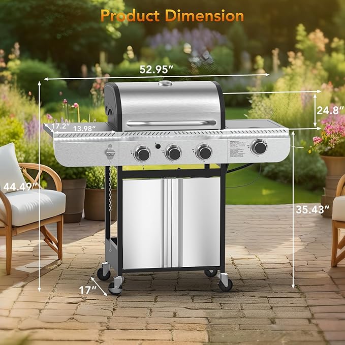 Electactic 3-Burner Propane Gas BBQ Grill with Side BurnerStainless Steel Grill with Porcelain-Enameled Grates37000 BTU Barbecue Grill Suitable for Outdoor CookingCampingPatio Backyard