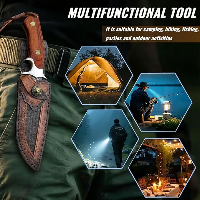 Fixed Blade Hunting Knife with Leather Sheath - 10 Full Tang Stainless Steel Camping Knife with Ergonomic Wood Handle &amp Damascus Pattern - Sharp Outdoor Survival Tool for Hiking Bushcraft Fishi