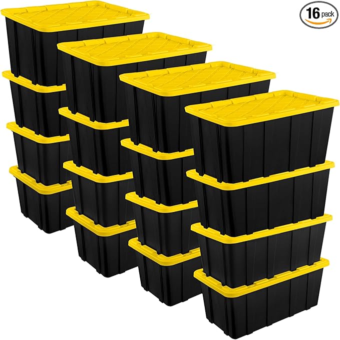 Sterilite 16-Pack Industrial Tote Plastic Storage Container Bins with Lids 38 Gallon - Heavy-Duty Organizing Containers for Closet Bathroom and Office