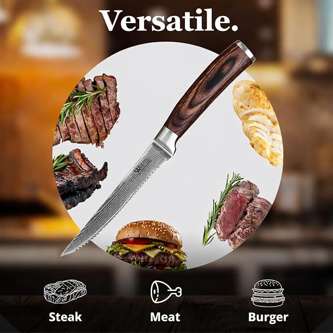 Wakoli EDIB 4-Piece Damascus Steak Knife Set – Professional Dining Kitchen Knives with VG10 Core Blades 67-Layer Damascus Steel &amp Ergonomic Pakkawood Handles – Premium Steak Cutlery in Gift Box
