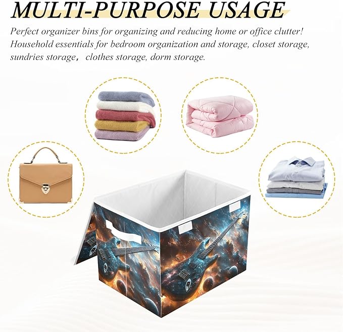 AIXIWAWA Lidded Storage Cube (Guitar in Space) Fabric Foldable Closet Bins with Flip Lid and Handles Organizer Basket Container 16.5 x 12.6 x 11.8 IN
