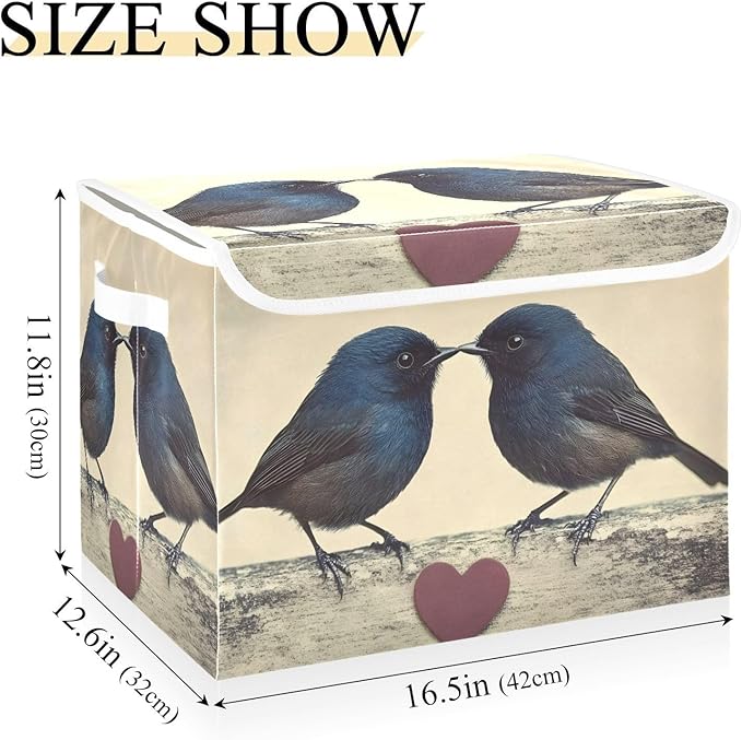 Storage Cube with Lid Valentine Birds Print 16.5×12.6×11.8 IN Collapsible Large Capacity Foldable Storage Basket Bin Organizer