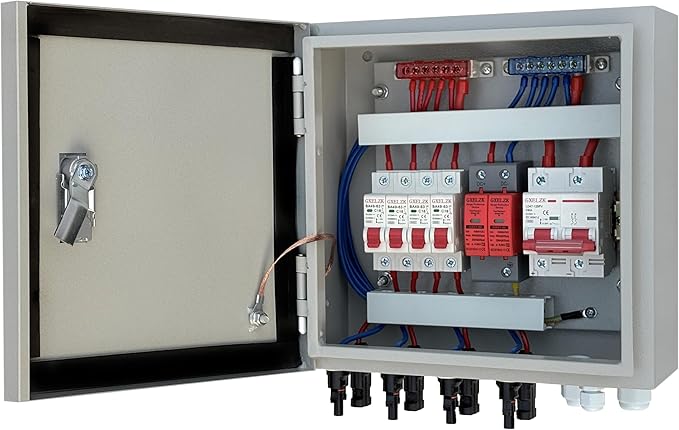 Hardcover Solar Combiner Box with 4 Strings 80 A Circuit Breakers. This pv Combiner Box is Suitable for Off-Grid Solar Power High-Power Version
