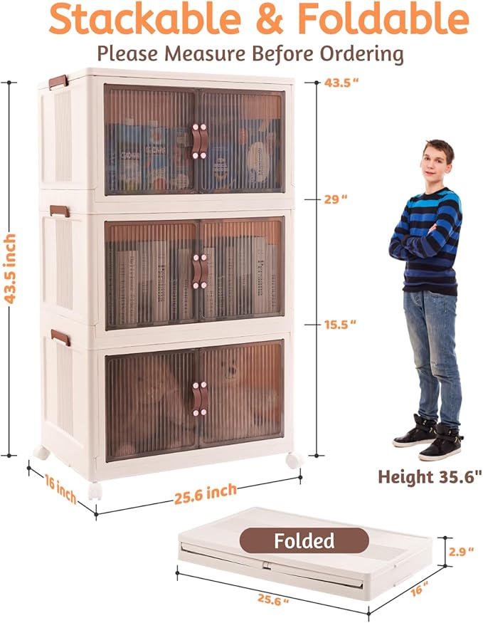 95 QT (285 QT Total) Stackable Storage Bins with Doors – 3 Tier Plastic Cabinet with Doors – Magnetic closure Foldable Storage Bins with Lids &amp Wheels –Collapsible Organizer with Leather Handles