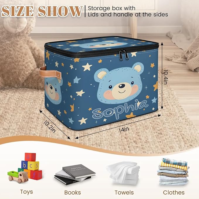 Custom Storage Basket with Name Personalized Storage Bins with Zipper Lid Foldable Fabric Storage Box Large capacity with Handle Star Blue Bear