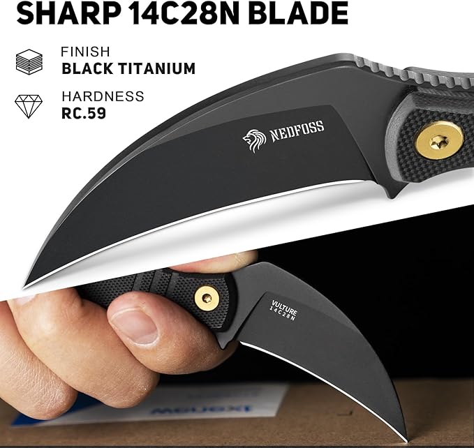 NedFoss VULTURE EDC Fixed Blade Knife with Kydex Sheath 2.87 14C28N Steel Tactical EDC Knife with G10 Handle and Adjustable Belt Clip Horizontal Carry Belt Knives for Men Women