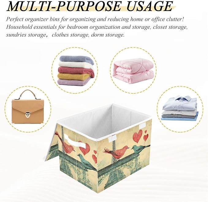 AIXIWAWA Lidded Storage Cube (Eiffel Birds Love) Fabric Foldable Closet Bins with Flip Lid and Handles Organizer Basket Container 16.5 x 12.6 x 11.8 IN