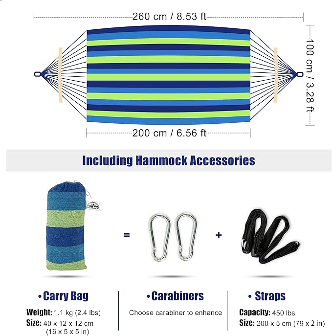 ANGELYCIA Brazilian Large Single Canvas Cotton Hammock | Weights up to 400 lb. | Indoor &amp Outdoor Hammock Bed for Stand Patio Garden Backyard Lounging | Hammocks for Outside (Rainbow Stripe)