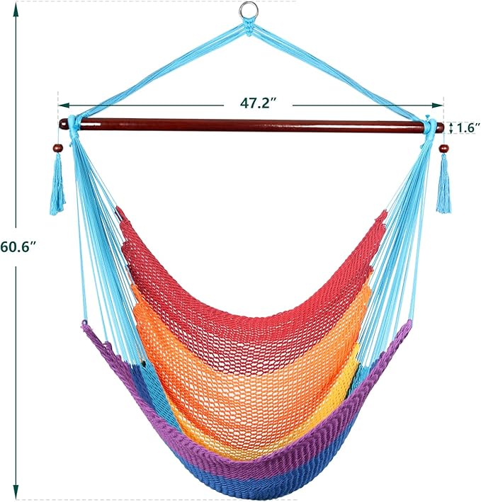 Caribbean Hammock Swing Chair with Spreader Bar Large Hammock Chair Hand Craft Rope Hanging Chair Outdoor Indoor Bedroom 330 LBS Weight Capacity Rainbow