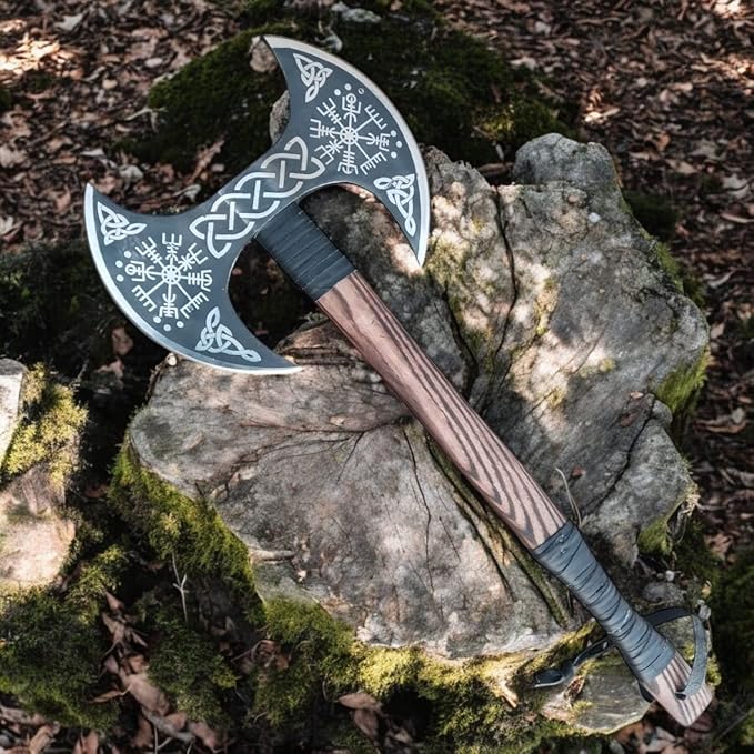 Double Head Viking Axe 27 Inch Handmade Real Viking Berserker Axe - Large Norse Axe Hand Forged Carbon Steel Axe Double Blade Ax - Hewing Broad Axe Best Gift for Men