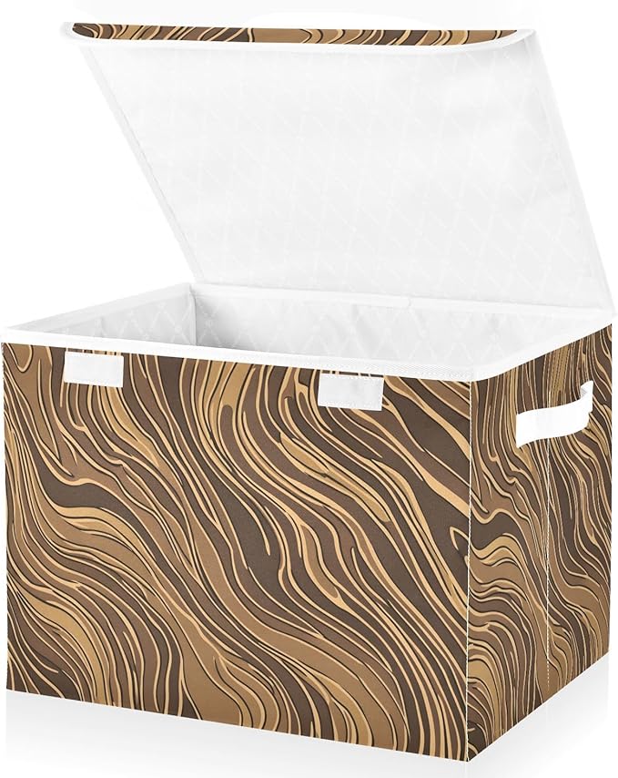 Dark Brown Stripe Lidded Storage Bins with Handles - 16.5x12.6x11.8 Foldable Organizing Box Oxford Fabric &amp Honeycomb Board Dust-Proof Flip Lid for Closet/Office