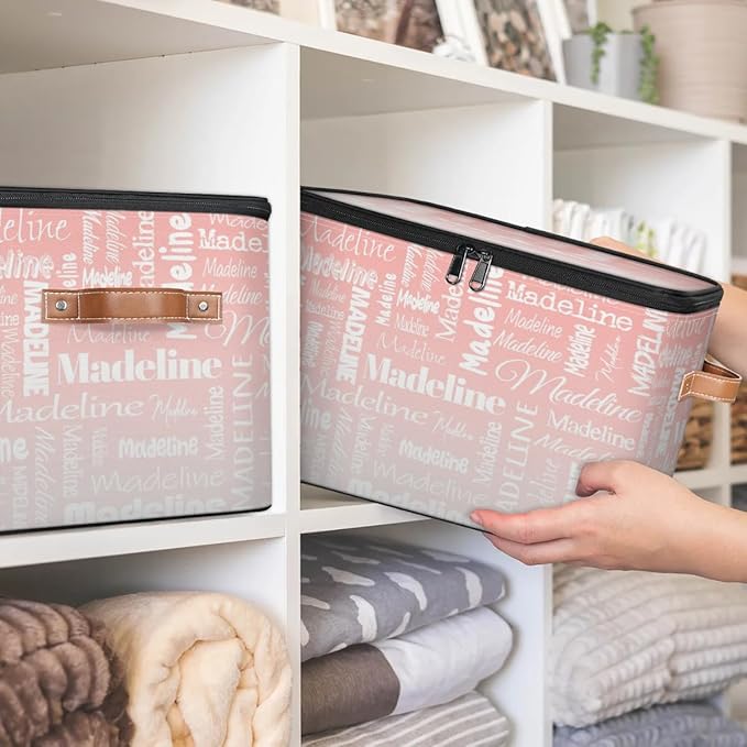 Custom Storage Basket with Name Personalized Keepsake Box with Zipper Lid Foldable Fabric Memory Bin Large capacity with Handle Pink White