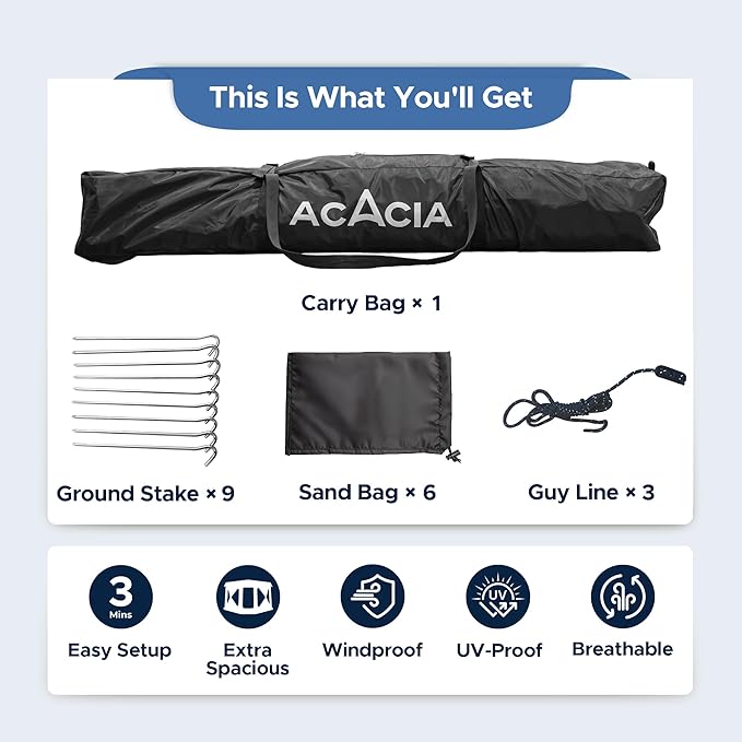 Acacia Beach Tent Sun Shelter | 4-Person Portable Camping Tent with UPF 50+ Protection | Easy Setup Pop up Sun Shade | 10×10ft Privacy Sunshade for Camping &amp Backyard