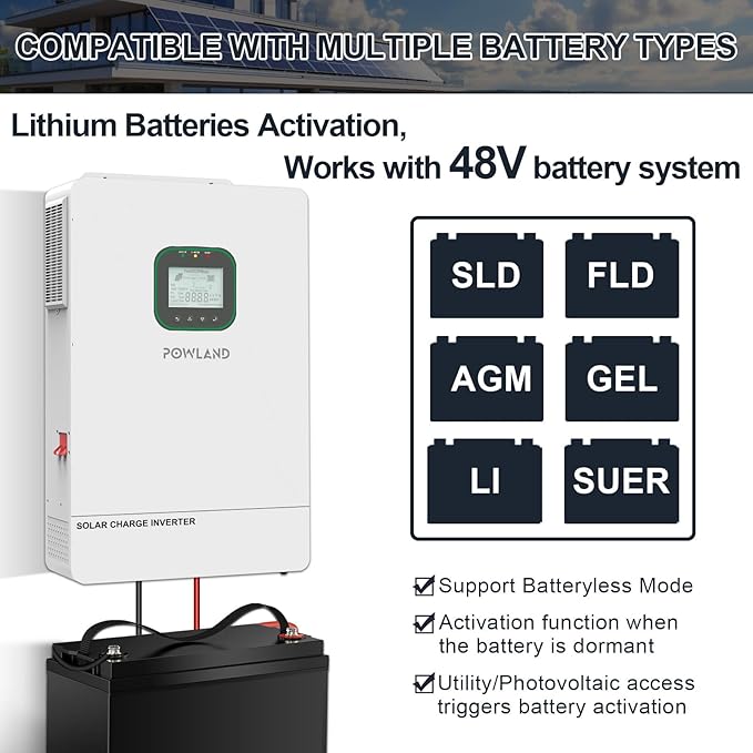 POWLAND 6500W Solar Hybrid Inverter with WiFiCharger 48V DC to 120V AC Power InverterBuilt in 120A MPPT Charge ControllerWork with 48V Lead Acid/LiFePO4Support Parallel up to 6 inverters