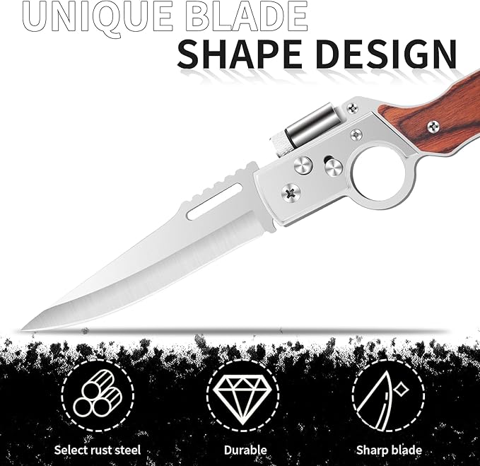 AK47 Style Tactical Folding Knife 6-Pack – Bulk Set with LED Light Wood Handle Laser Engraving Ready Best Man Gifts Outdoor Camping Hiking Gear for Groups (6)