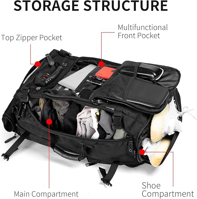 YOUMIAN Large Capacity For Travel Hiking Sports Carry On Backpack Durable Convertible Duffle Bag Laptop airplane (BLack 45L-Normal)